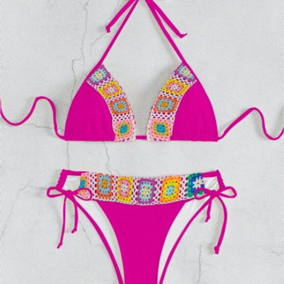 Hot Pink Women's Beach Holiday Floral Halter Bikini Set - Picture 4 of 8